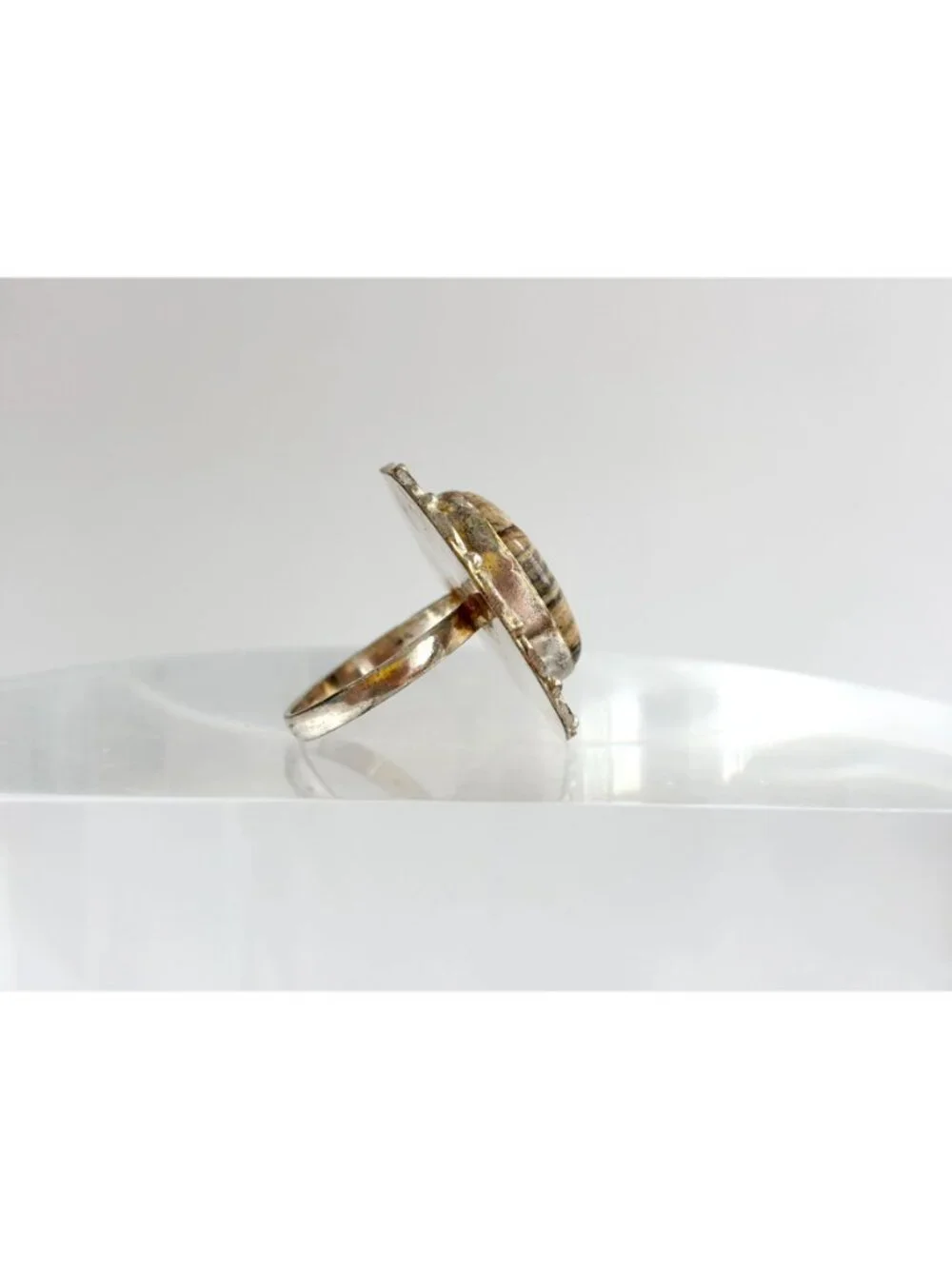 Banded Brown Agate Cabochon Scalloped Sterling Silver 925 Vintage Ring - sz 9